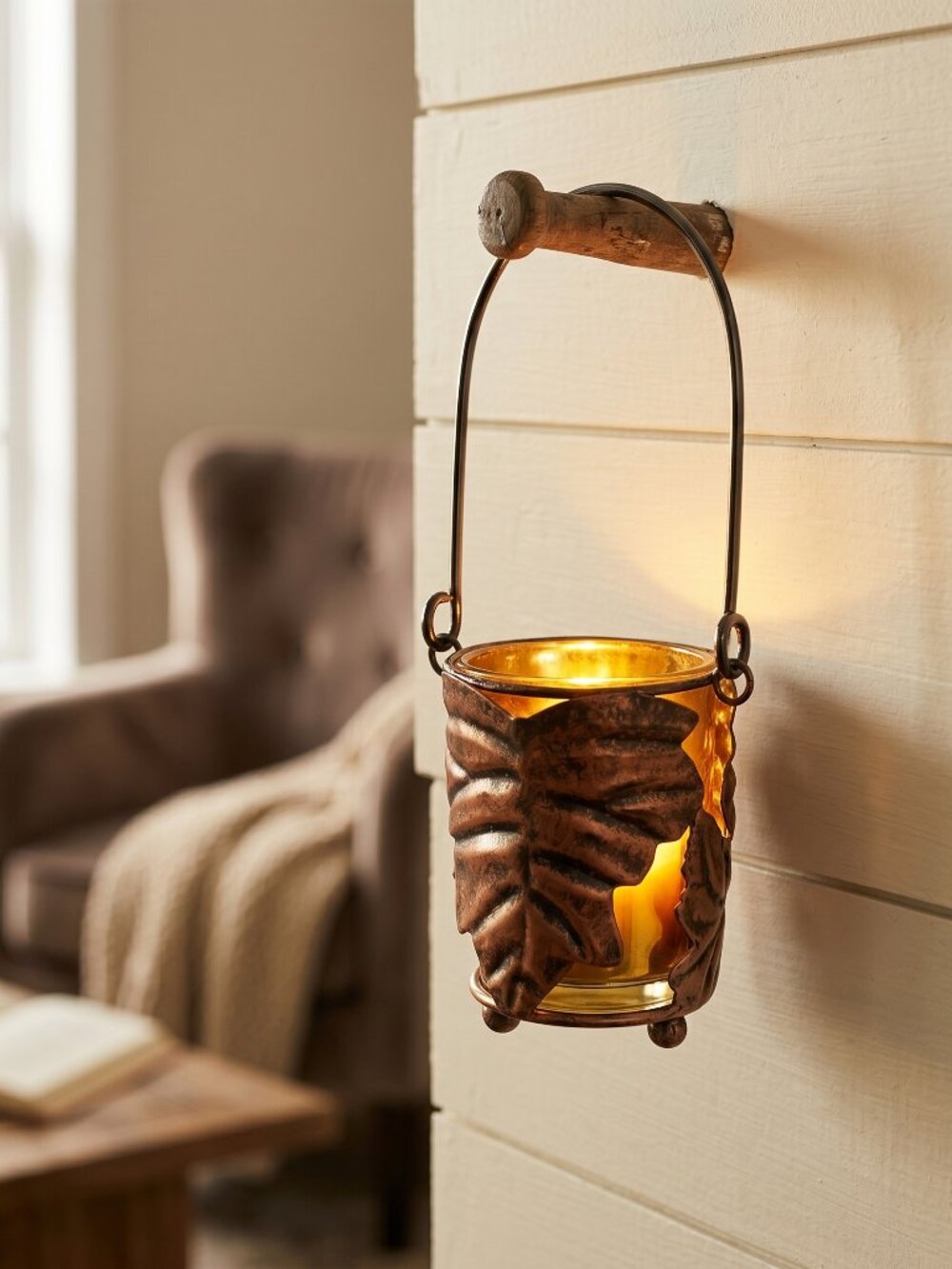 🍁Copper Glass Leaf Votive/Tealight Candle Holder Lantern Decor Hanging Rustic🍁